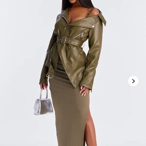 Fashion Nova Olive Belted Leather Jacket